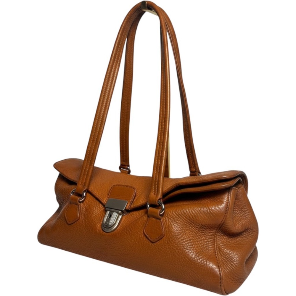 Prada Cognac Pebbled Vitello Leather Shoulder Bag Brown Push Lock‎ Satchel Italy